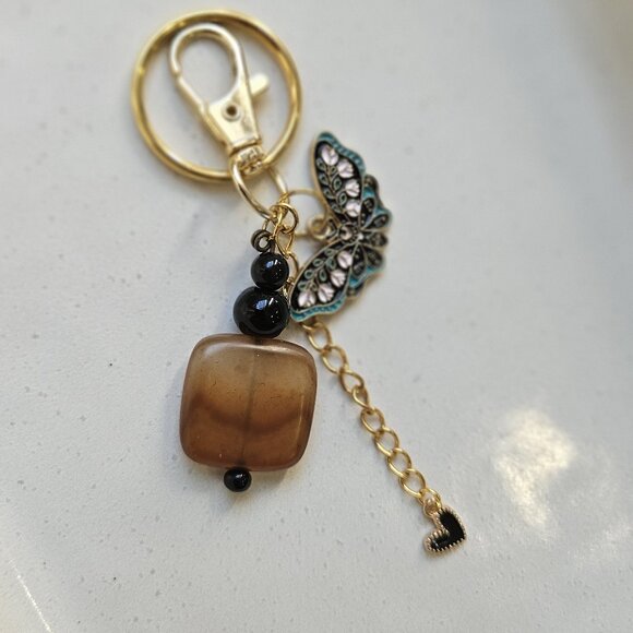 Brown Stone Beaded Keychain with Enamel Butterfly and Black Heart Charm - Picture 1 of 8